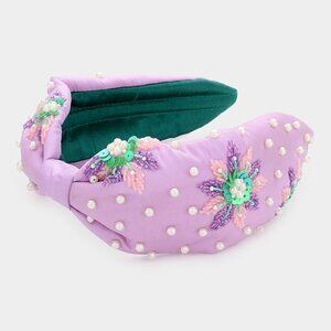 NWT Purple Pearl Sequin Beaded Floral Knot Burnout Headband